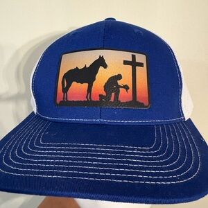 Blue and White Trucker Hat Our True God Christianity cross kneeling